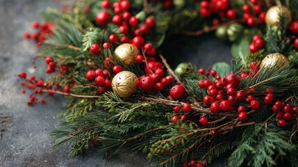 Vibrant Christmas wreath with red berries and gold ornaments on rustic background