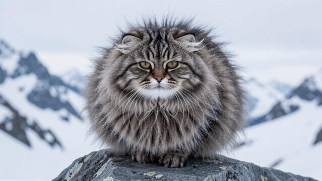 Fluffy Pallas's cat (Otocolobus manul) sitting on a rock in snowy mountains