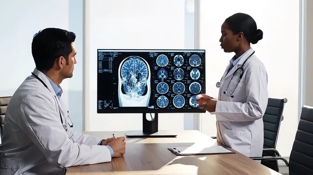 Doctor discussing brain scan results with patient in medical office.