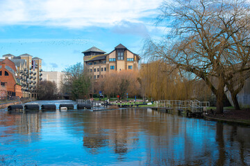 The beautiful view of the coastline of the canal in Reading, England.