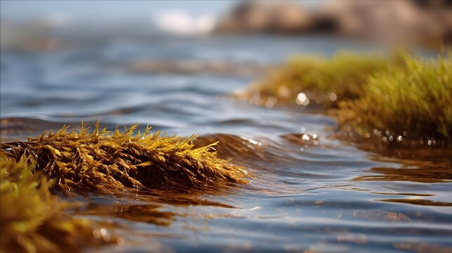 Close up of brown seaweed and green aquatic plants gently swaying in rippling clear water