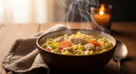 Steaming hot vegetable soup bowl with fresh ingredients and herbs on wooden table warm cozy dinner meal perfect for National Dadgum That&rsquo;s Good Day
