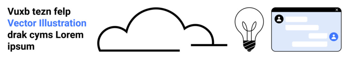 Fototapeta premium Cloud computing, user interface design, innovation, technology, online collaboration, idea sharing. Minimalist cloud, lightbulb and chat window design. Cloud computing and user interface design
