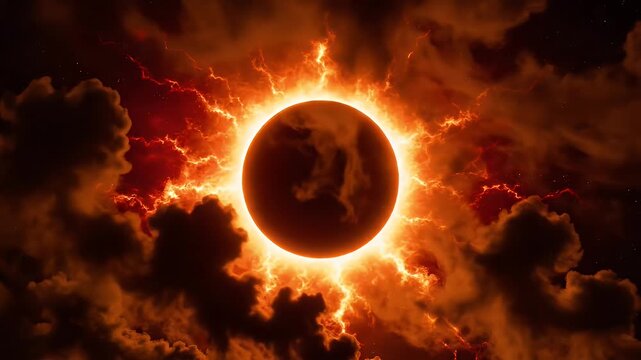 Fiery Solar Eclipse - A total solar eclipse is depicted with a vibrant orange glow, surrounded by dark, smoky clouds. The corona shines brightly behind the darkened moon.