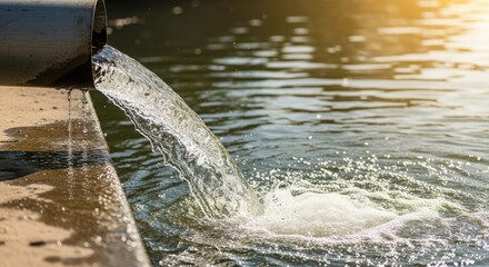 Water flowing from a pipe into a body of water, creating ripples on the surface.