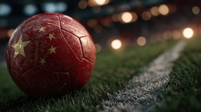 Close up of dirty soccer ball with China flag five stars texture on grass field at night stadium. Chinese national football team, Team Dragon or Asian economy competition concept