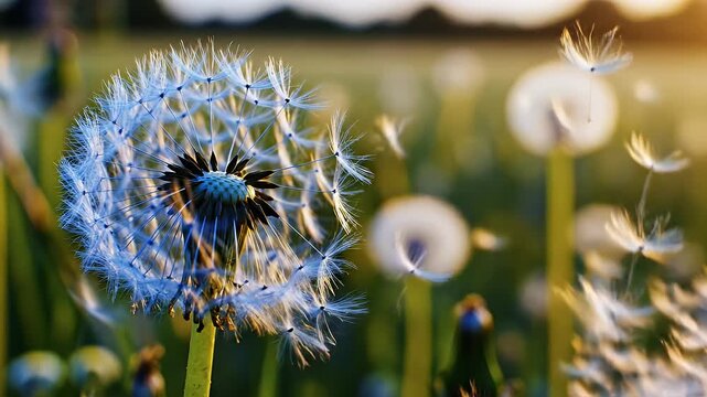 Blue-Tinted Dandelion Clock in Seed Dispersal - A close-up view of a dandelion clock with a stunning blue tint is shown, as its seeds disperse swiftly into the air.