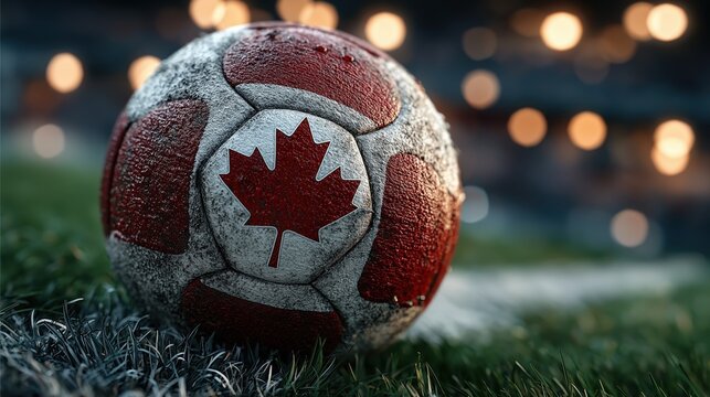 Close up of dirty soccer ball with Red Maple Leaf Canada flag texture on grass field at night stadium. Canadian national football team, North America 2026 World Cup host concept