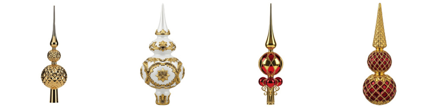 Set of elegant vintage Christmas tree toppers and glass finials with golden ornaments isolated on white background, traditional holiday festive decorations