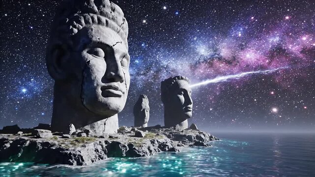 Surreal Head Statues Under Starry Sky - This video shows a surreal landscape with three large head statues on a rocky island under a vibrant starry night sky.
