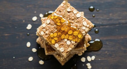 Homemade Granola Bars Stacked with Dripping Honey, Healthy Oatmeal Snacks with Oats and Sweet Topping on Dark Wooden Background perfect for National Flapjack Day