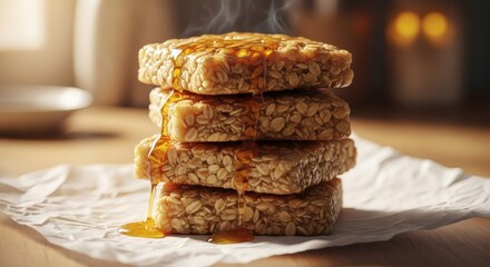 Stack of Hot Oatmeal Flapjacks Dripping with Honey Syrup, Comforting Breakfast Food perfect for National Flapjack Day