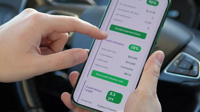 a user interacting with a financial management application. The screen shows a clean UI UX design with green Excellent and Good indicators, highlighting a 780 credit score, 8.5 years of history length