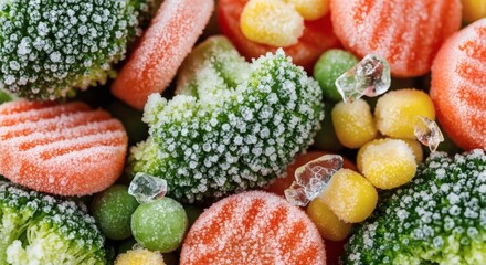 Fresh frozen vegetables and fruits mix close-up on ice with frost texture for healthy diet and nutrition concept