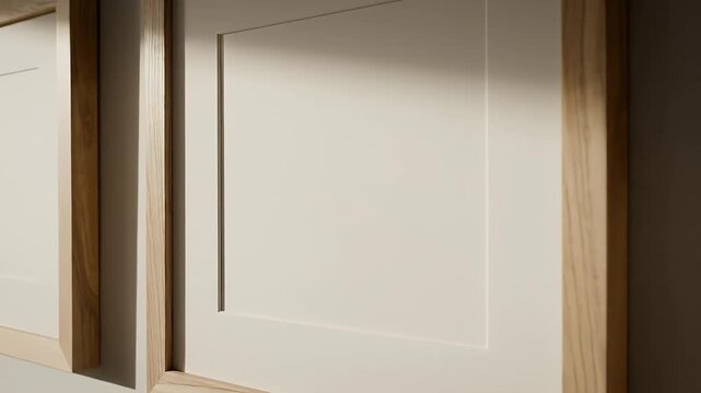 Three Empty Wooden Picture Frames on a Wall - The video shows three empty light wooden picture frames mounted on a light gray wall.