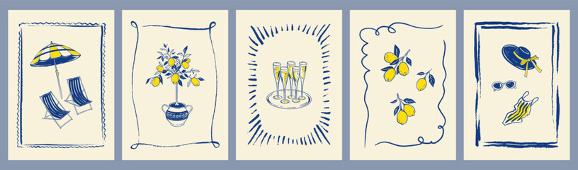 Set of crayon doodle sketch blue and yellow summer coastal sea vacation posters, frames, postcards, stamps, labels. Amalfi, Positano, Capri drawing background design. Summer beach cocktail © Kseniia