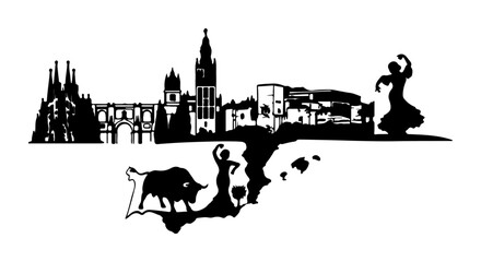 Fototapeta premium Seville skyline silhouette with flamenco dancers and bull iconic Spanish landmarks and culture vector illustration for travel and tourism