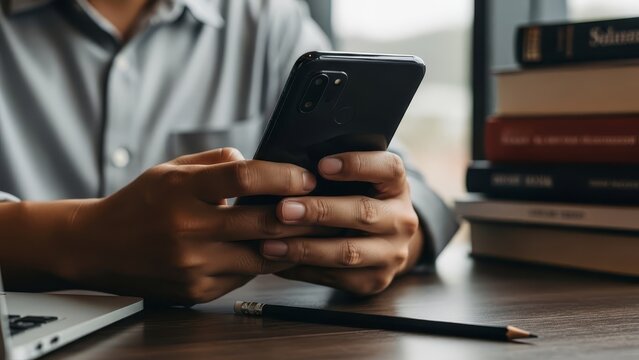 Person holding a smartphone with a stack of books in the background on a wooden desk.
