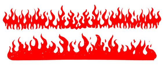 Thick red fire flame border illustration. Hand drawn urban street art style burning element for spicy food branding, hot sauce labels, and creative graphic design. © dirtyfellas
