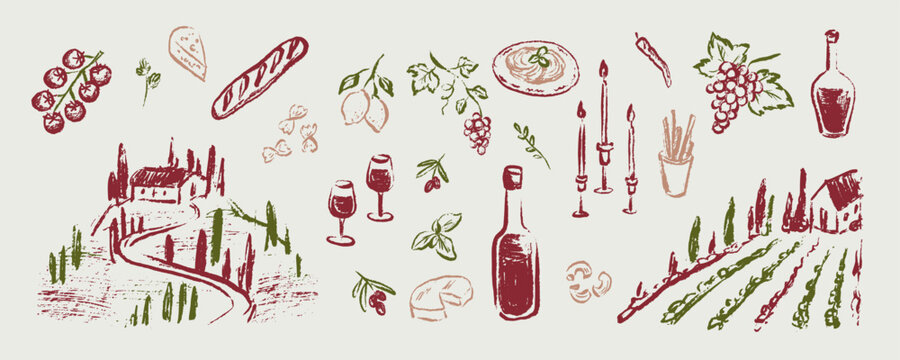 Set of hand drawn doodle crayon, charcoal, chalk wine and food design elements. Tuscany Italy rural countryside landscape. Vineyard minimalist pencil drawing background. Red wine bottle and wineglass