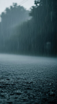Heavy rain falling on a dark asphalt road with blurred trees in the background