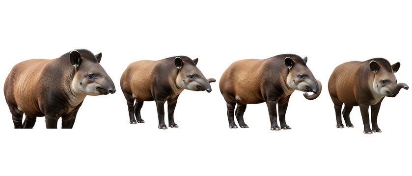 A set of four South American tapirs standing in profile isolated on a clean white background.