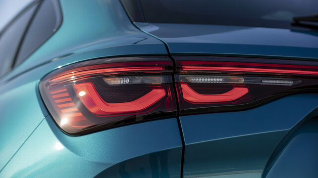 Close up of modern red LED tail lights on a teal luxury SUV showcasing sleek automotive design and futuristic lighting technology for premium vehicle branding projects