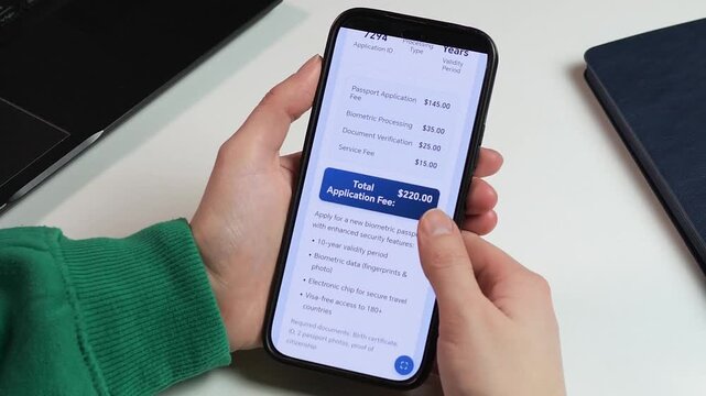 User scrolling through an official government portal to apply for a biometric passport. Detailed mobile UI showing fees, processing time, and security features. Perfect for digital government, law