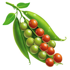 Fresh green pea pods bursting with vibrant green and orange peas, glistening with dew drops