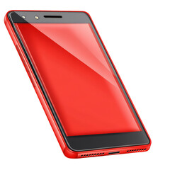Sleek red smartphone, angled view showcasing its vibrant color and modern design