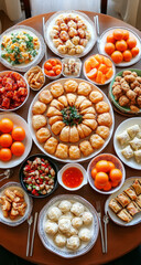 A lavish Chinese New Year feast is spread on a round table, featuring an array of dumplings, pastries, and other celebratory dishes. Oranges, symbolizing good fortune, are also prominently displayed