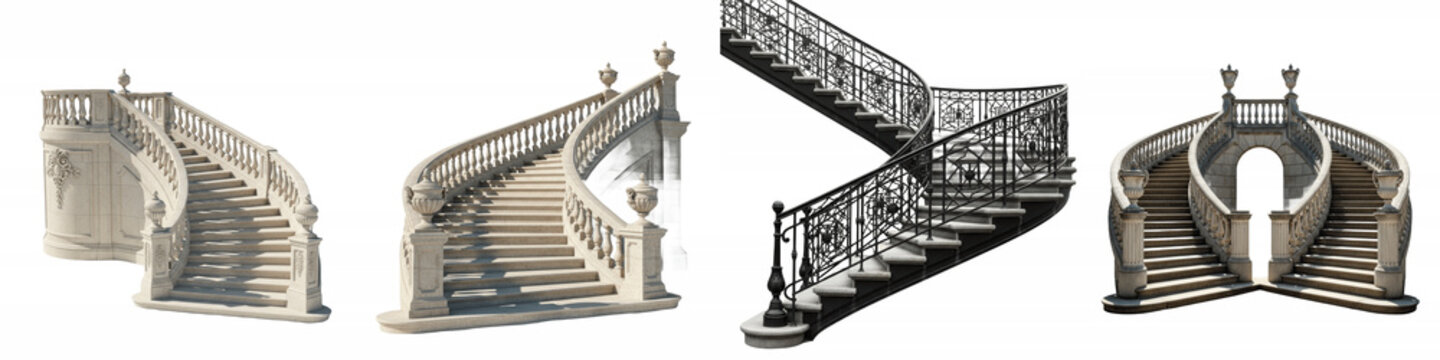 Set of elegant curved marble staircases with ornate balustrades, luxury spiral stairs and classic architectural elements isolated on white background