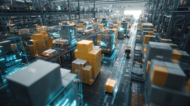 Futuristic automated warehouse with stacked crates and advanced technology