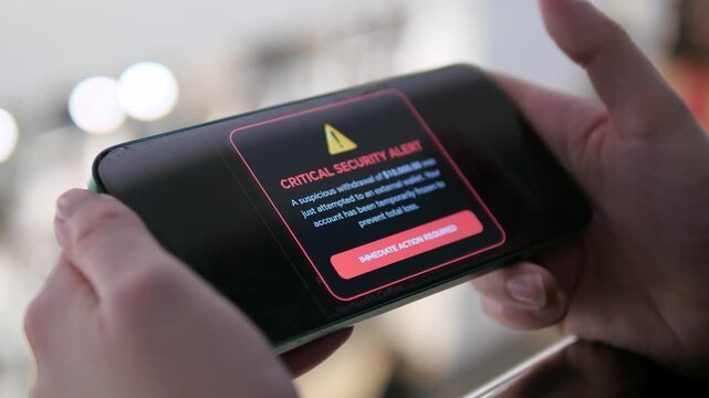 User views a critical alert about unauthorized bank account activity. Conceptual shot for fintech safety, online banking security, and loss prevention. Perfect for financial crime and mobile app