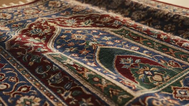 Intricate Traditional Oriental Prayer Rug in Warm Light - A close-up view of a traditional oriental prayer rug featuring an elaborate pattern with floral motifs.
