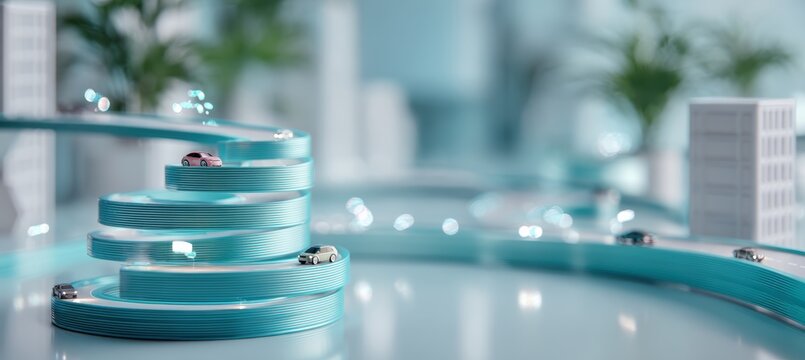 Teal ribbon road with tiny cars driving on a coiled silk lanyard loop
