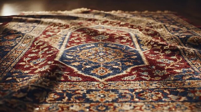 Oriental Prayer Rug with Intricate Pattern - A traditional oriental prayer rug featuring a complex design of geometric and floral patterns in rich colors, rippling under warm lighting.