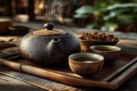 Traditional bamboo tea set high resolution picture