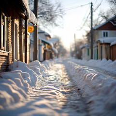 A sunlit winter street scene shows snow-covered sidewalks and houses in a charming, quiet village