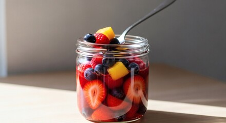 Fresh Fruit Compote in Jar with Spoon, Healthy Dessert Packed with Strawberries, Blueberries, and Mango Chunks, Natural Light perfect for National Fruit Compote Day