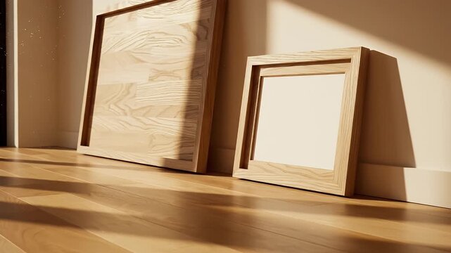 Sunlit Room with Wooden Frames and Window Shadows - Two blank wooden frames are leaning against a wall in a sunlit room, showcasing the natural wood grain.