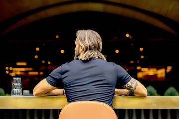 A man with long hair sits at a bar, enjoying the ambiance of a dimly lit establishment
