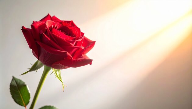 Single red rose with green stem and leaves in soft sunlight