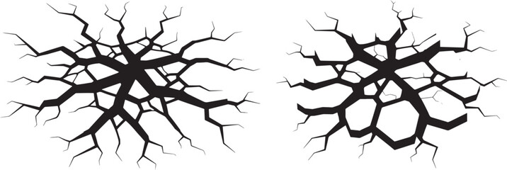 Two black graphic illustrations of cracked earth or ground, symbolizing damage or disaster.