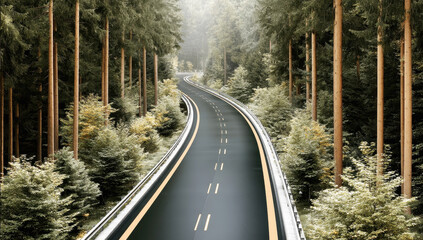 A winding asphalt road curves through a dense evergreen forest, showcasing a scenic driving route