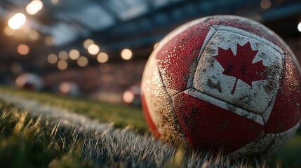 Naklejka premium Close up of dirty soccer ball with Red Maple Leaf Canada flag texture on grass field at night stadium. Canadian national football team, North America 2026 World Cup host concept