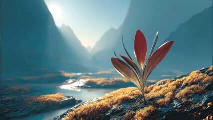 A futuristic, metallic flower blossoms amidst a serene, misty mountain landscape