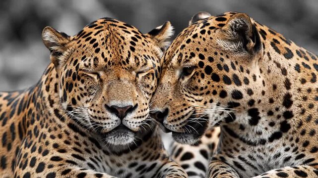 Two leopards are resting close together, showcasing their unique spotted fur patterns. The leopards appear calm and relaxed, with their eyes closed in a peaceful manner.