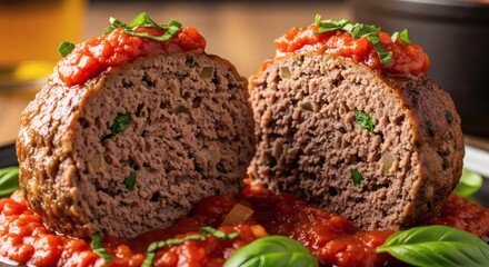 Delicious Meatloaf Cut in Half with Marinara Sauce and Basil, Homemade Comfort Food Feast perfect for National Meatball Day