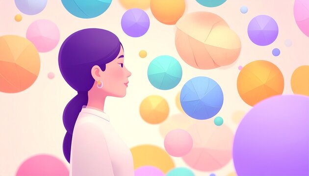 Young Asian Woman Glimpsing Serenity Amidst Soft Pastel Spheres in Bright Studio